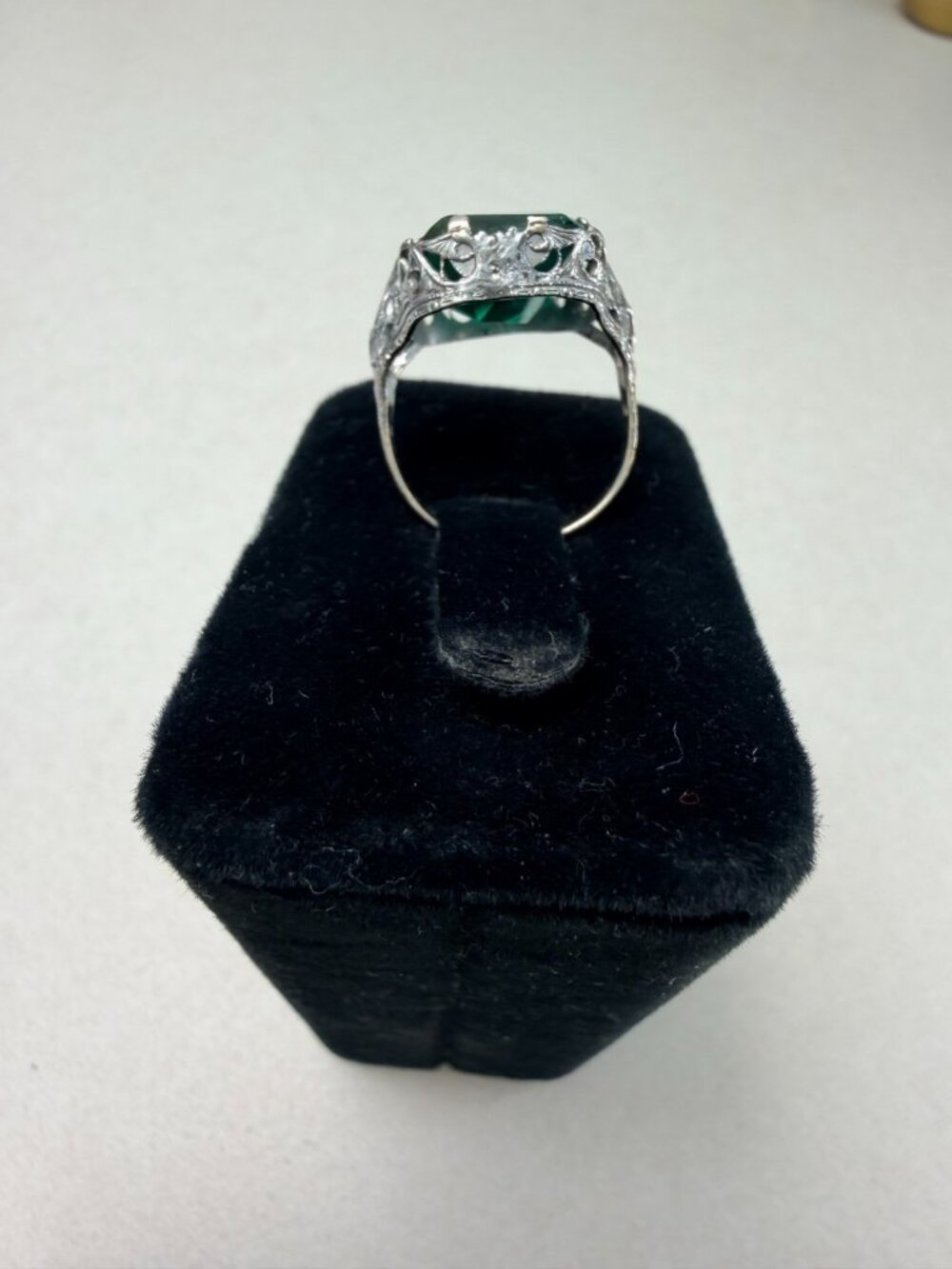 Stunning Vtg Art Deco Green Glass Ring Sterling Silver Filigree Statement Sz 6 - Picture 7 of 11